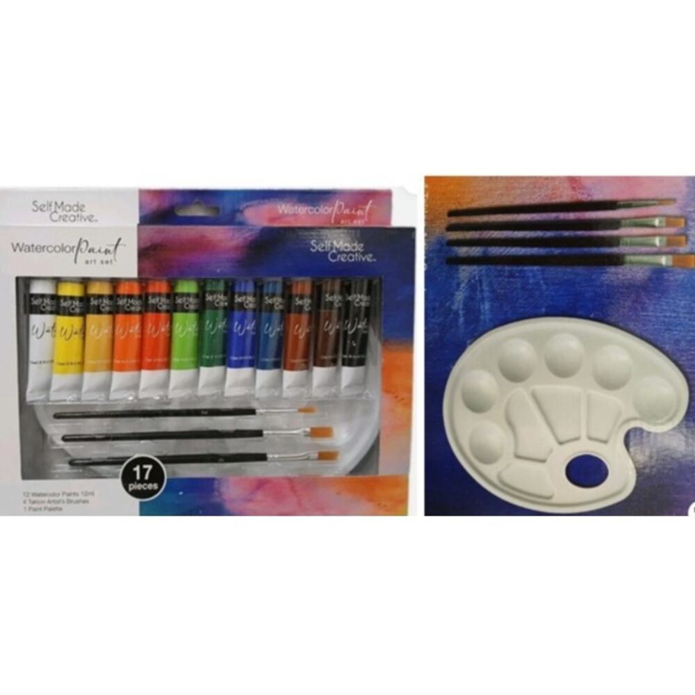17 Pc WATERCOLOR Tubes Paint Set w 4 Taklon Paint Brushes + Art Palette Value